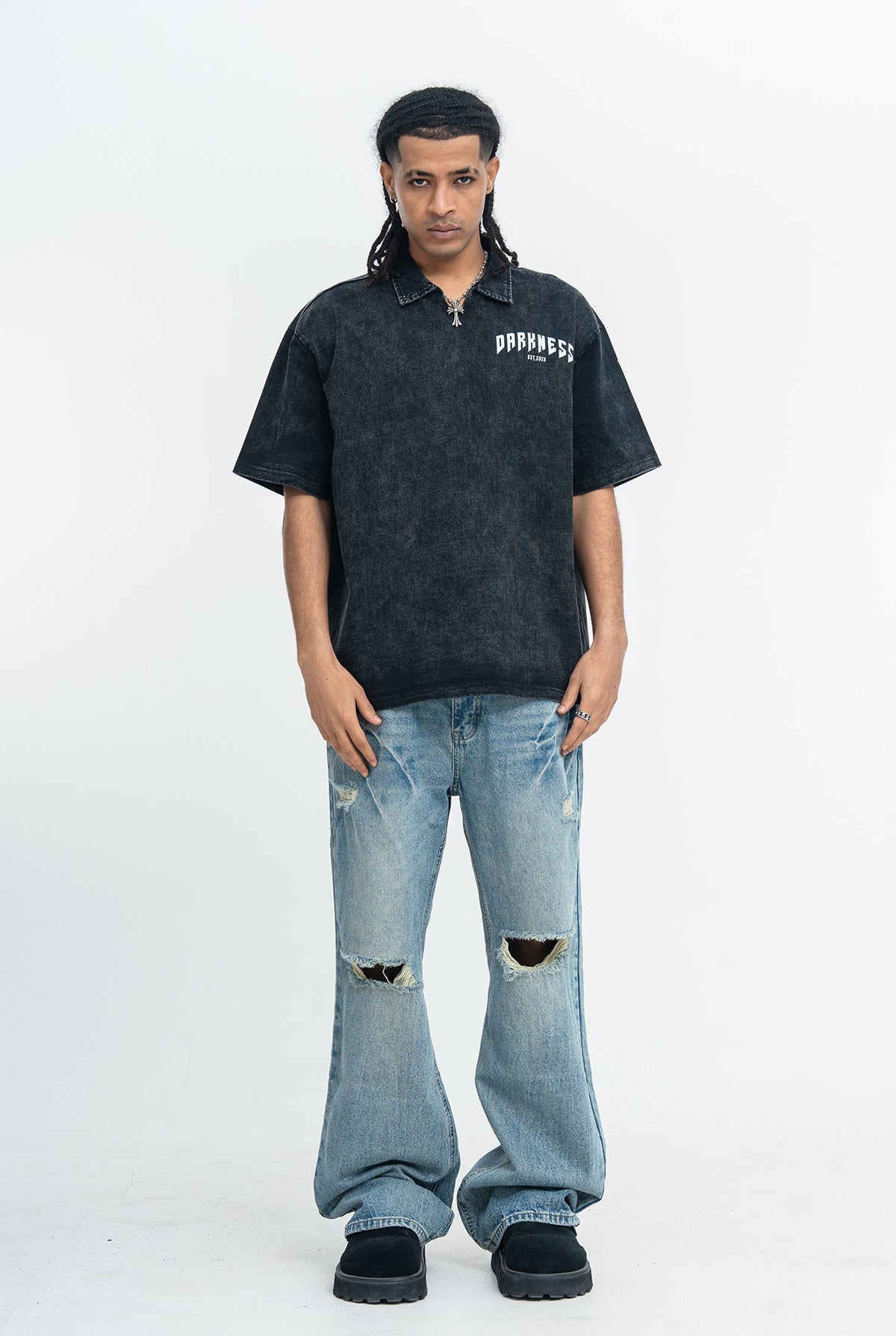 Omirad Darkness Spine Skeleton Graphic Washed Polo Shirt
