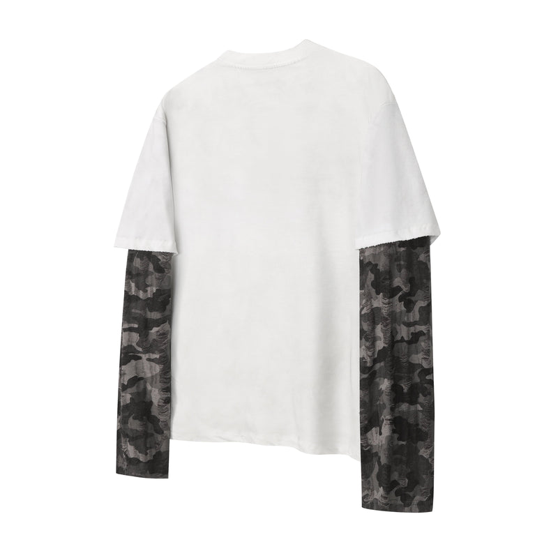 Back view of white layered T-shirt with black camo mesh sleeves