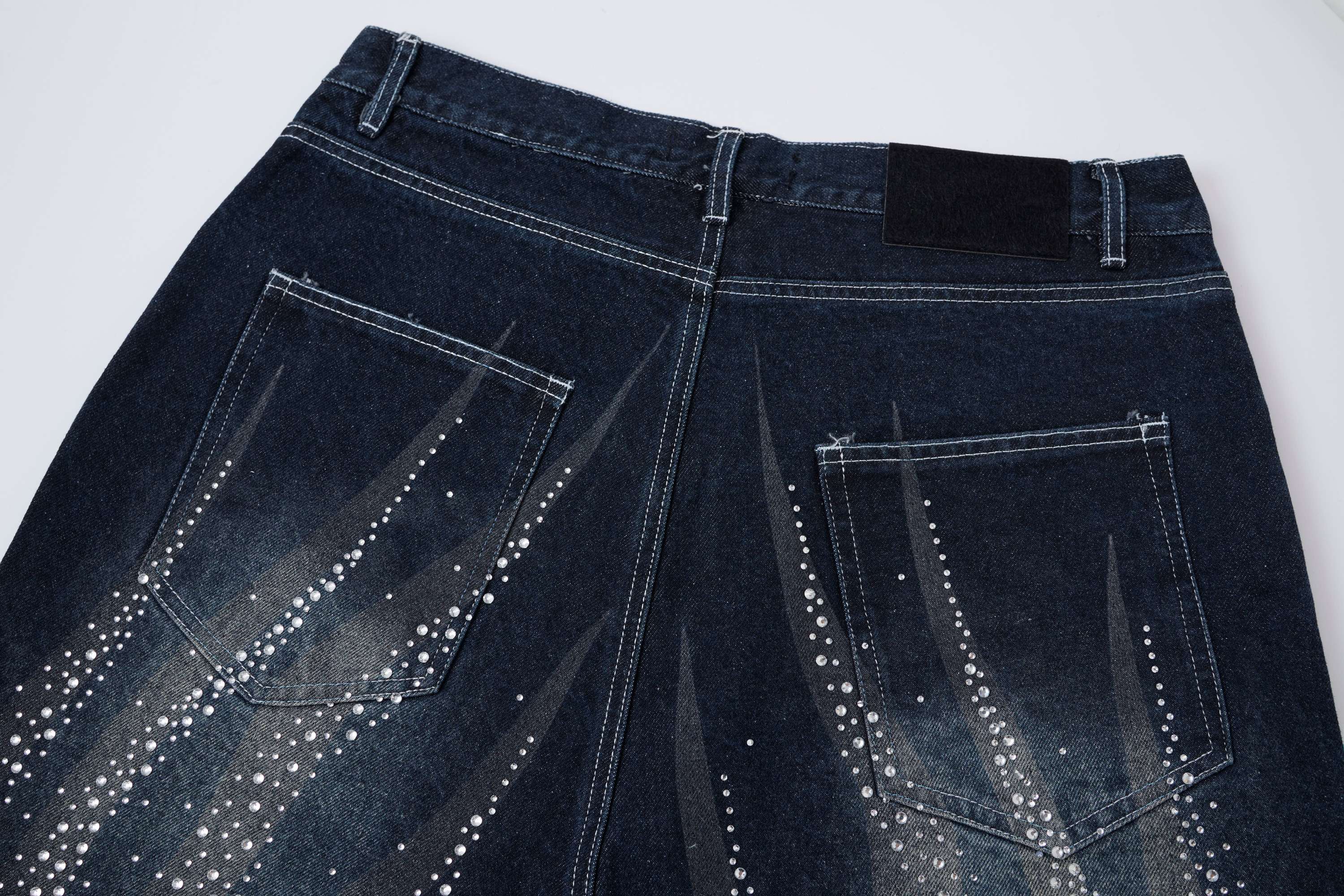 Omirad Rhinestone Denim Shorts | Gradient Wash Loose Fit