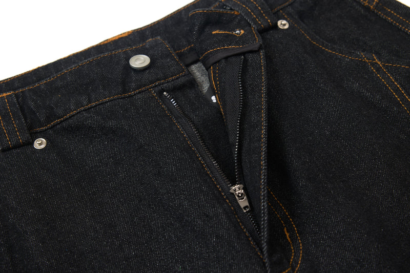 Wide-Leg Jeans with Red Embroidery & Side Drape | SEAKOFF