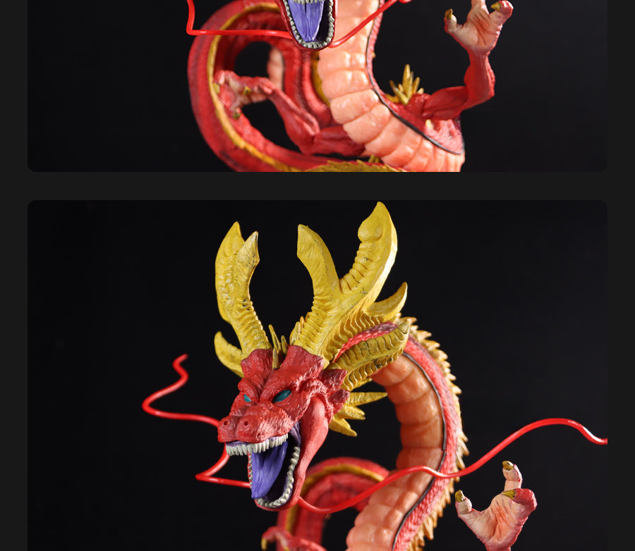 Close-up of the Red Shenron Collectible Figure by Seakoff, a high-detail 30cm dragon statue from Dragon Ball Z, featuring intricate red scales, sharp claws, an open mouth with a blue tongue and fangs, and elaborate horns against a black background.