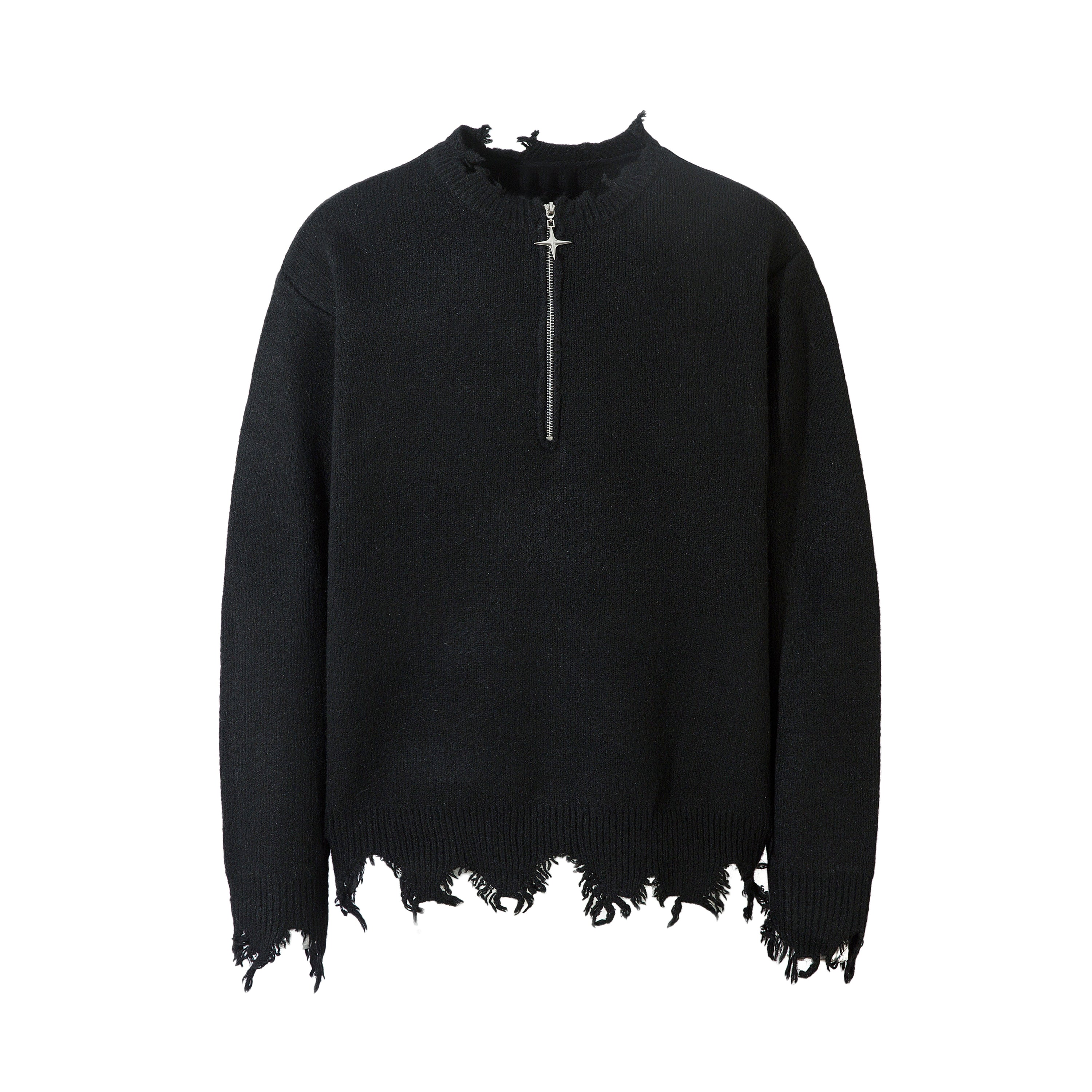Black distressed knit sweater with half-zip neckline and frayed hem, front view on white background