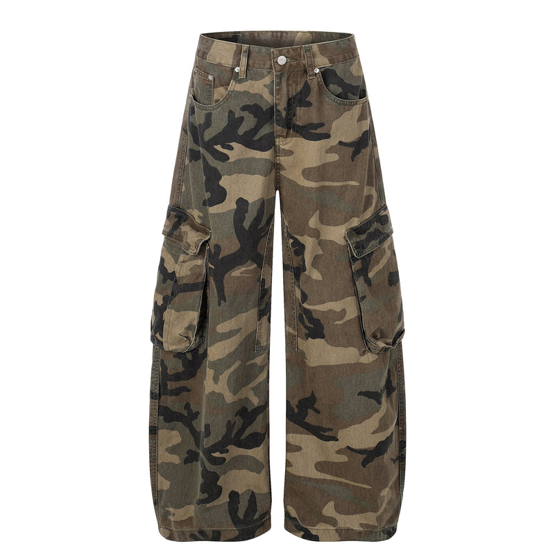 Front view of oversized camo cargo jeans with wide legs and large side pockets
