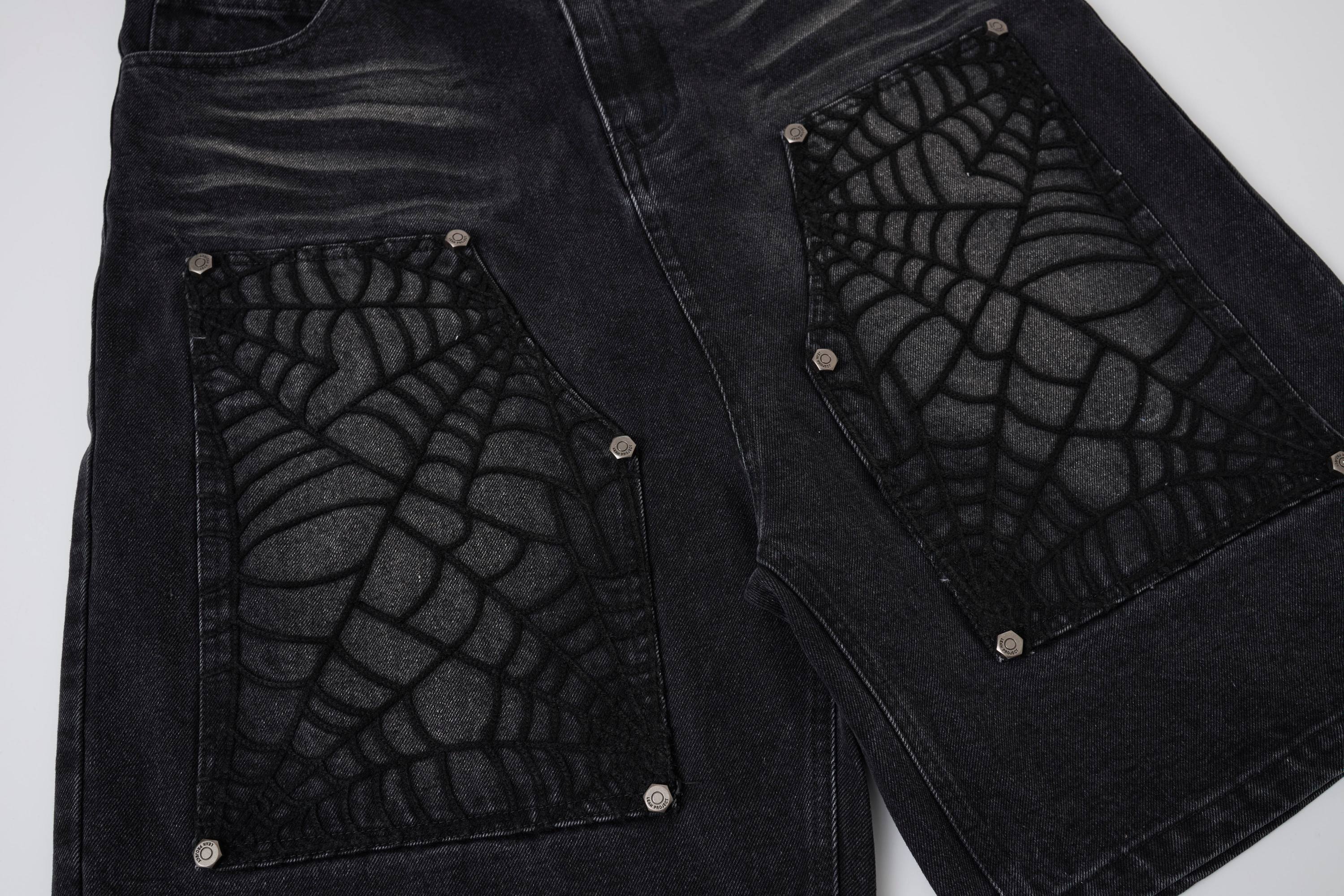 Spiderweb Panel Strap Denim Shorts | Washed Black Streetwear