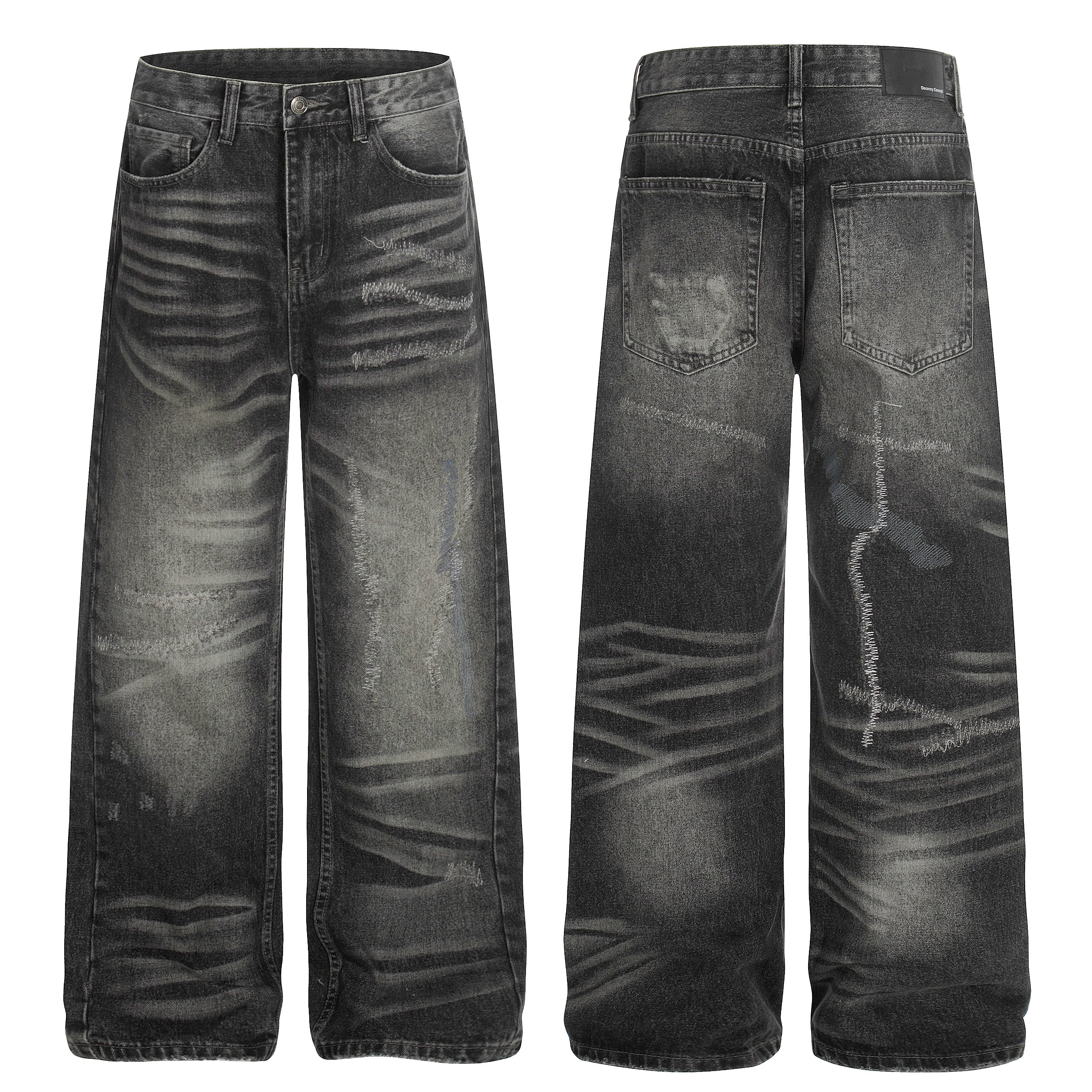 Front and back view of grey washed distressed wide-leg denim jeans with fading and abrasion detailing