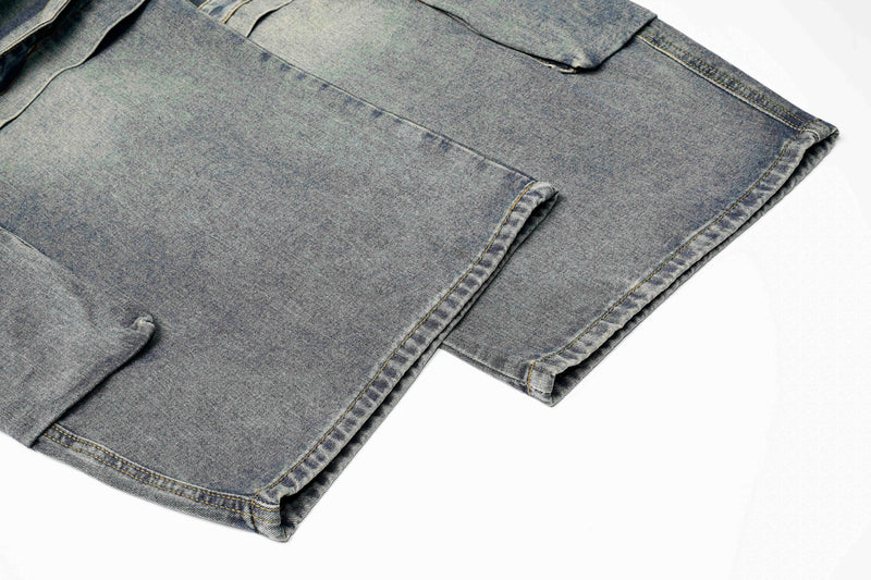 Close-up of wide leg jean hems and side cargo pocket seams