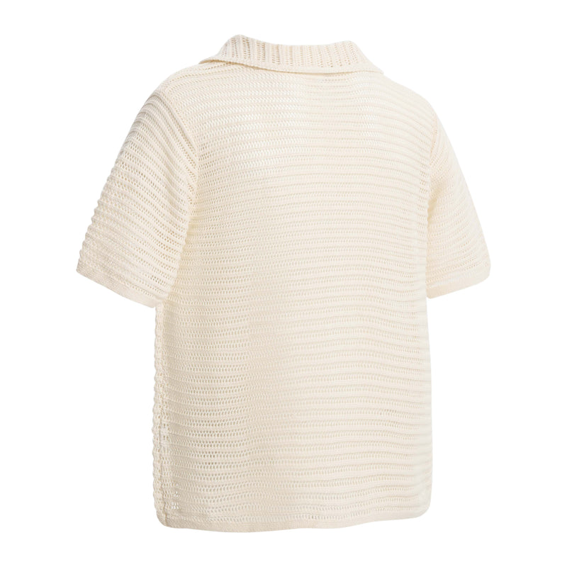 Cream open-knit short-sleeve button-up shirt with textured striped fabric and relaxed collar