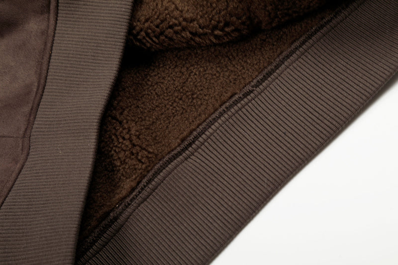 Fleece-Lined Brown Suede-Texture Zip Hoodie Jacket