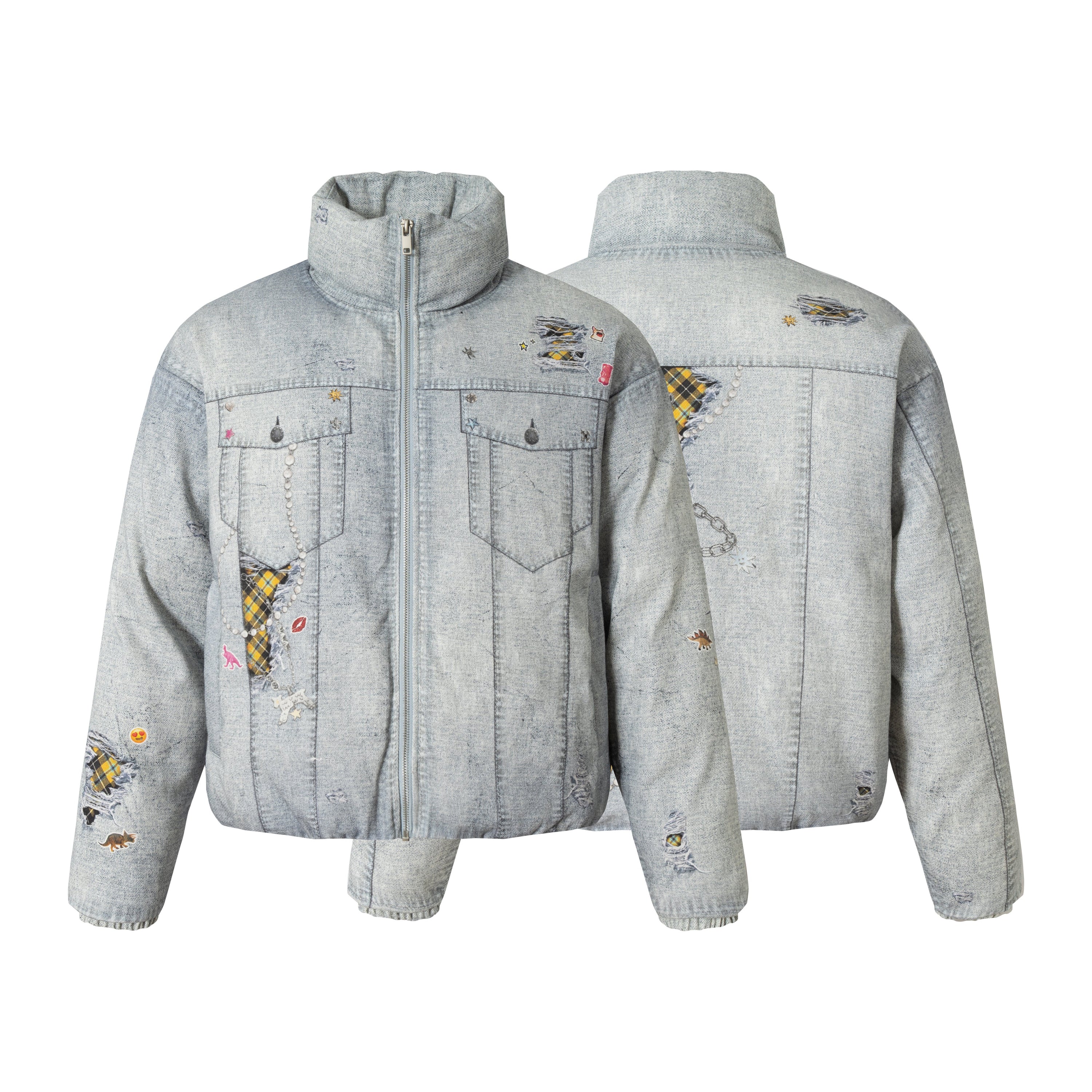 Front and back view of a light grey distressed denim puffer jacket with yellow plaid patchwork and embroidered novelty patche