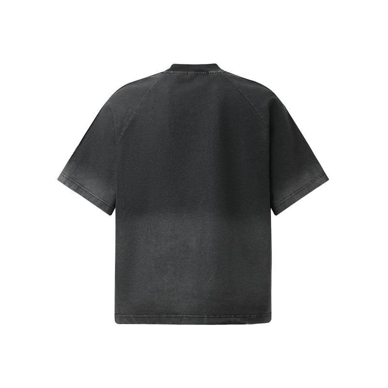 Black vintage washed distressed streetwear T-shirt shown from the back with short raglan sleeves