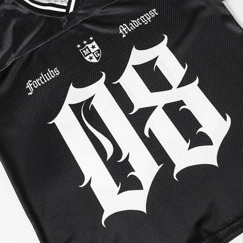 Black oversized mesh jersey with gothic white lettering, large 08 graphic, and varsity-style collar trim