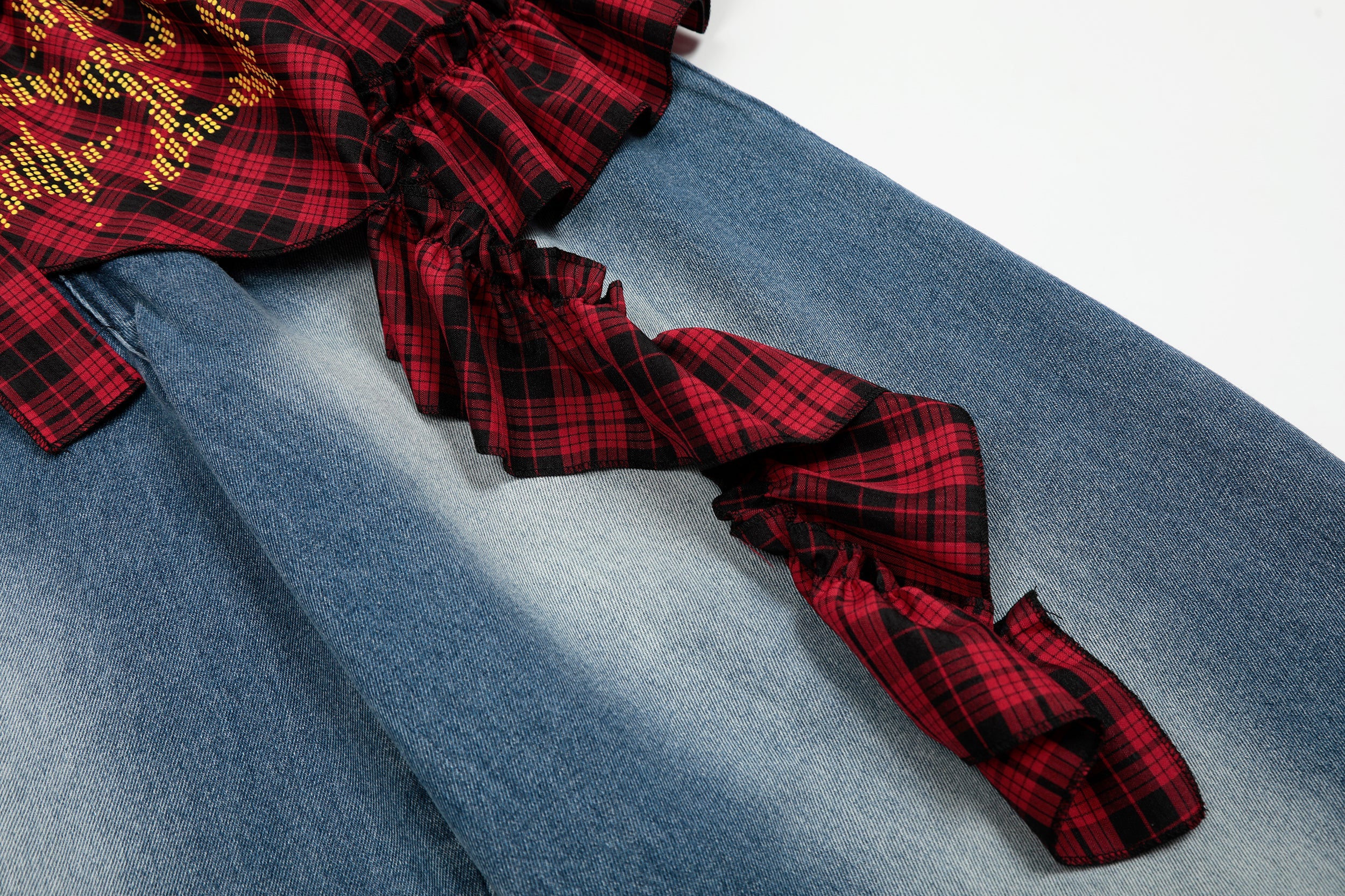Plaid Ruffle Overlay Wide-Leg Denim Pants | Streetwear
