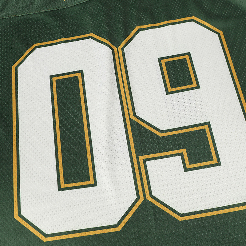 Green varsity football jersey with bold white number 02 outlined in gold on mesh fabric