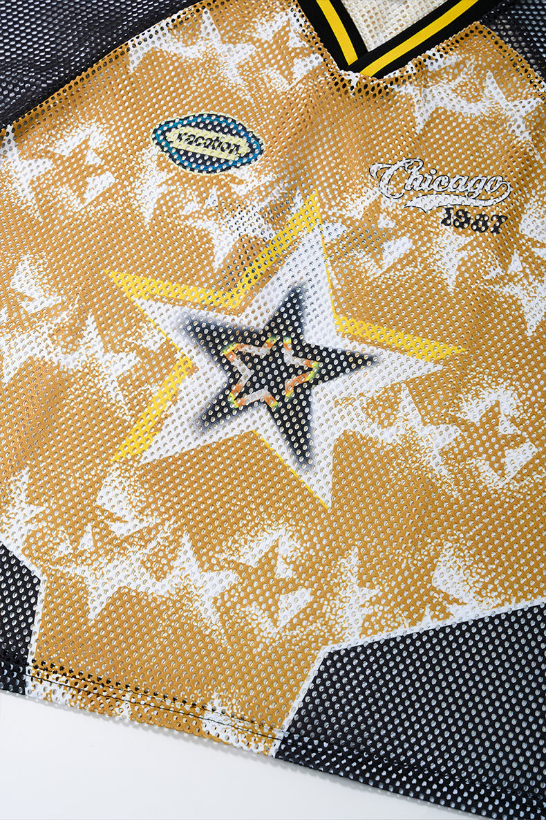 Gold and black mesh jersey T-shirt with star graphic and Chicago-style streetwear print