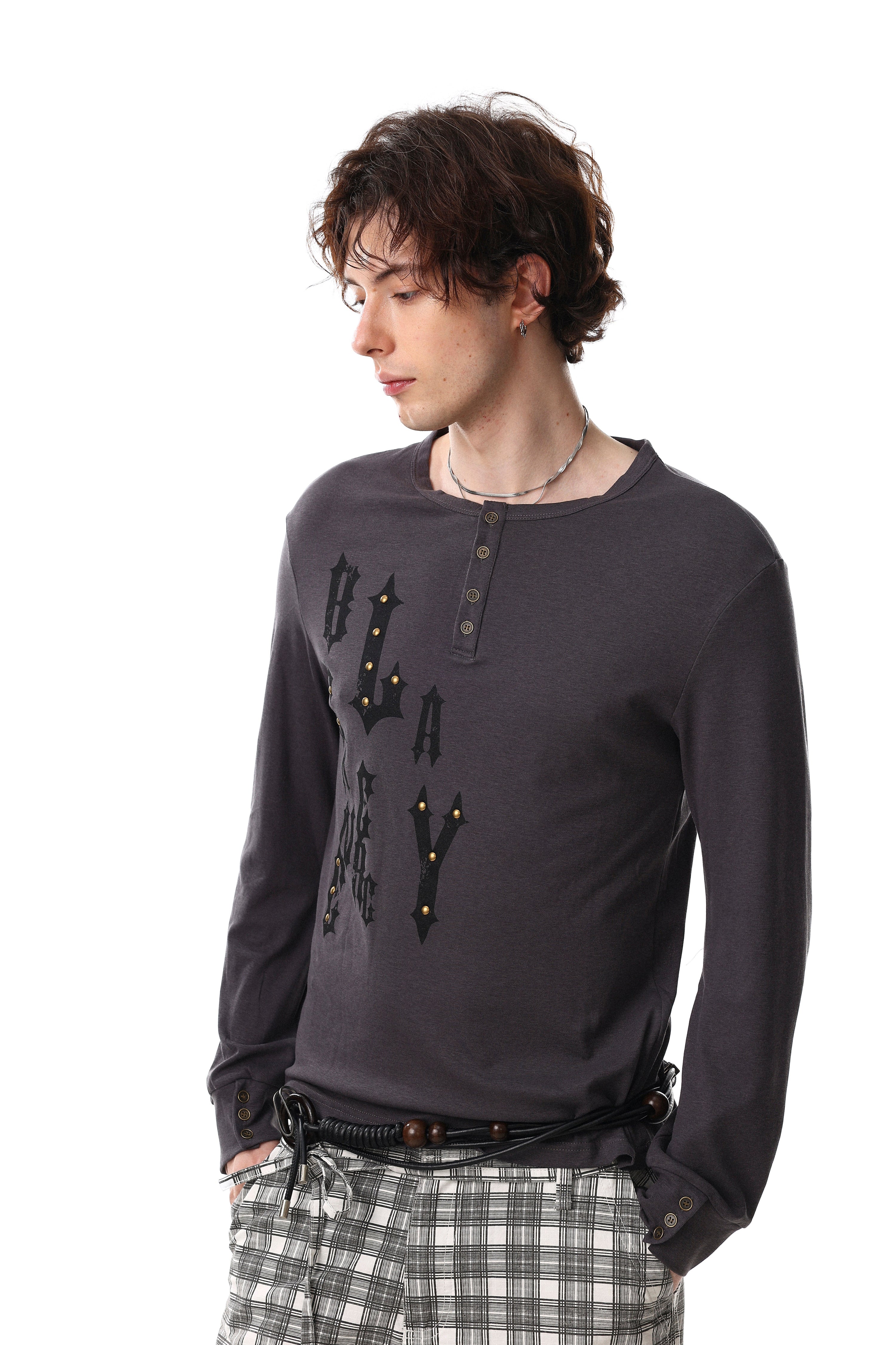 Gothic Graphic Long Sleeve Henley Tee with Stud Accents