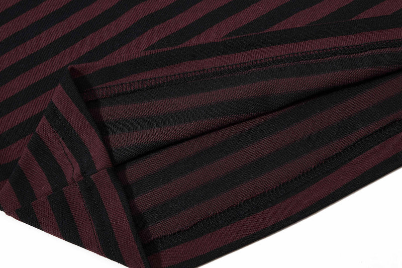 Close-up of burgundy and black striped ribbed tee with stitched seams and hem detail