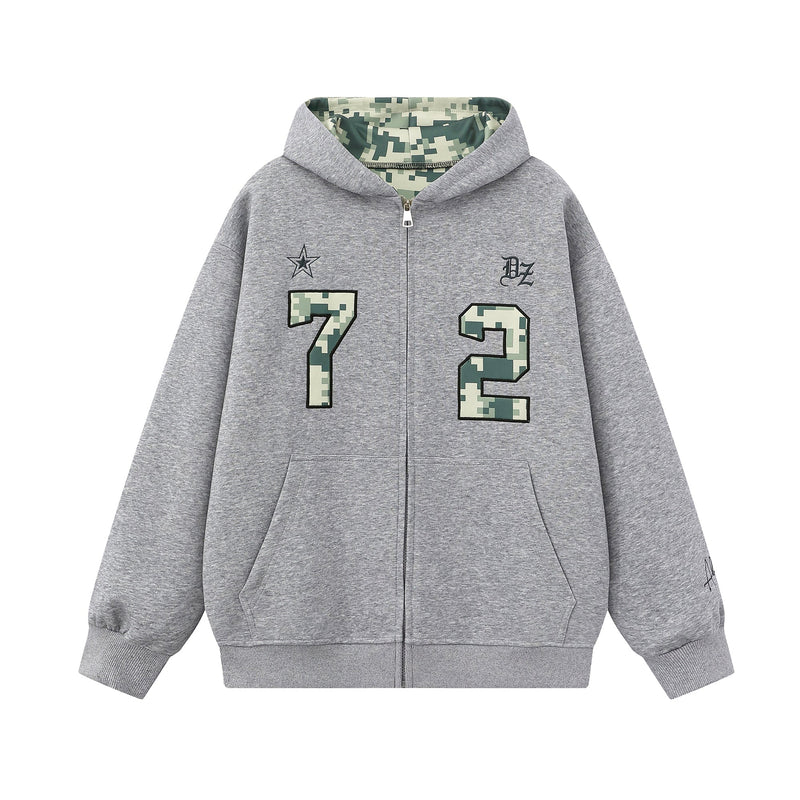 Gray zip-up hoodie with camouflage lining, large camo 7 and 2, front view