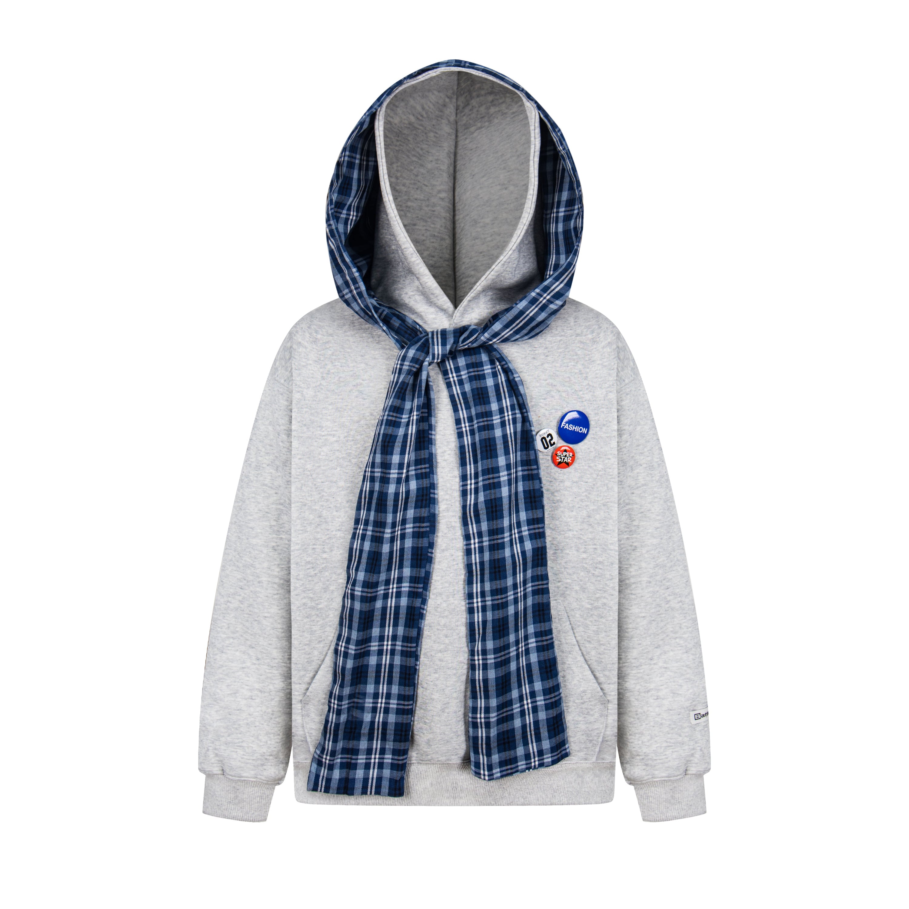 Plaid Scarf Layered Hoodie with Badge Accents | Streetwear
