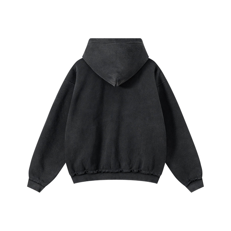 Black vintage wash zip hoodie shown from the back