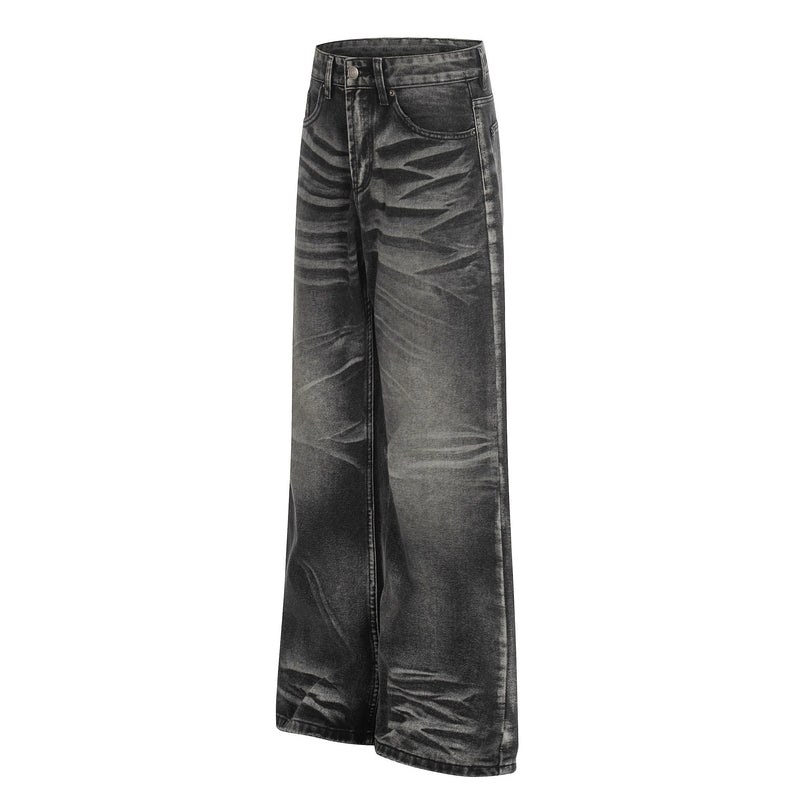 Front view of black washed wide-leg jeans with fading and straight legs