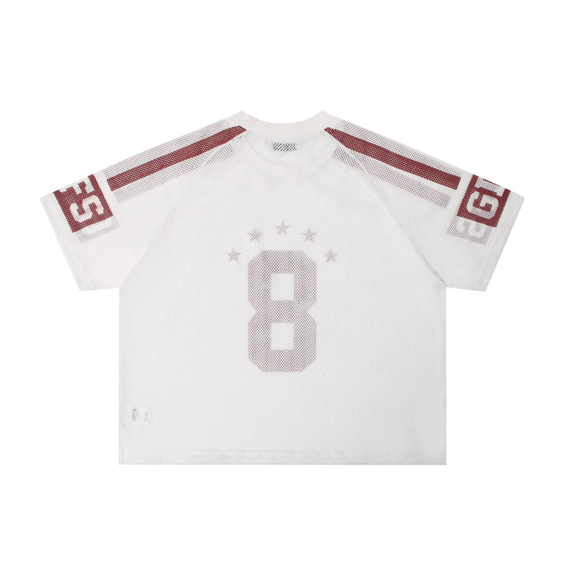 White oversized mesh varsity jersey with burgundy number 8, striped shoulders, and streetwear styling