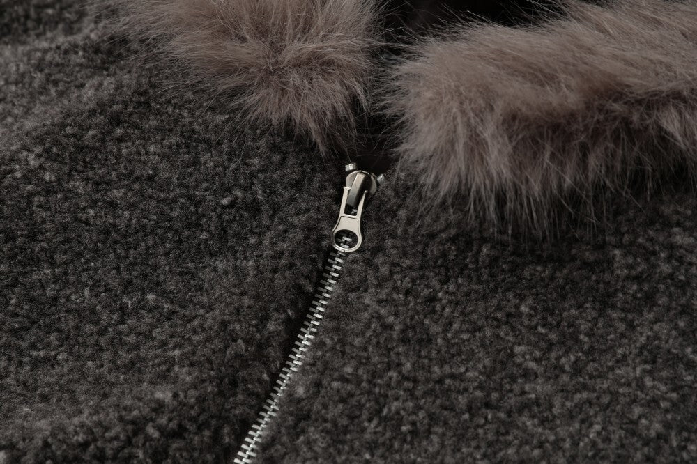 Faux Shearling Hooded Bomber Jacket with Fur Trim