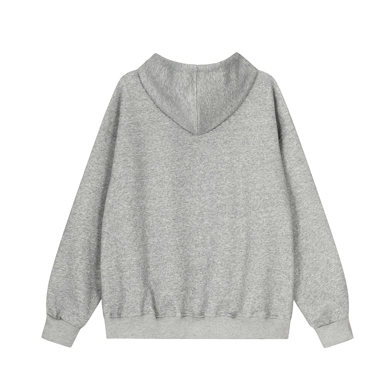 Back view of light gray oversized zip-up hoodie with plain hood and long sleeves