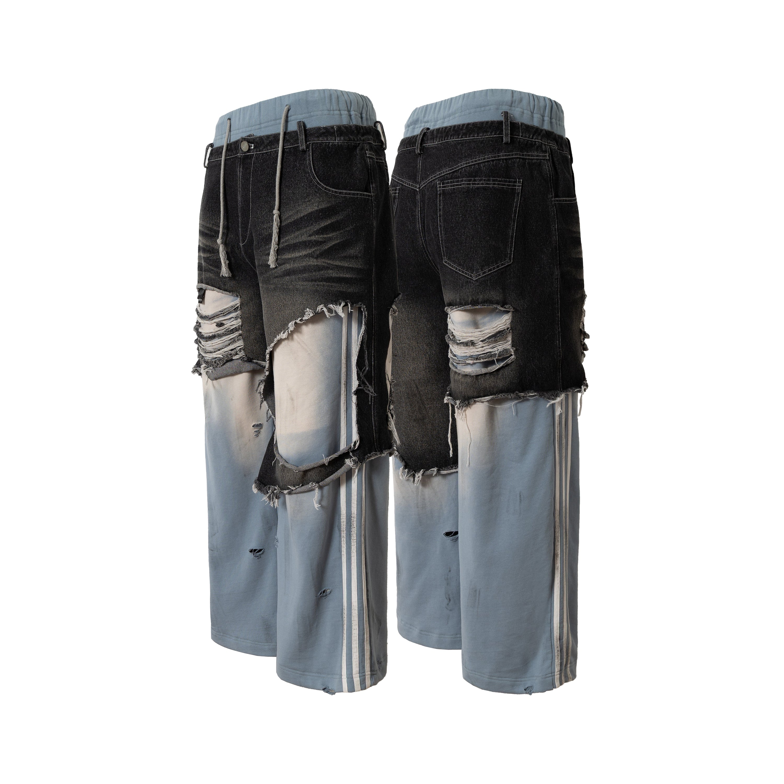 Omirad Dual-Tone Distressed Patchwork Barrel-Leg Jeans