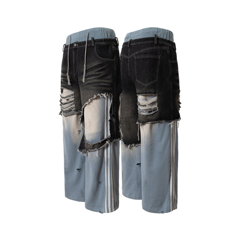Omirad Dual-Tone Distressed Patchwork Barrel-Leg Jeans