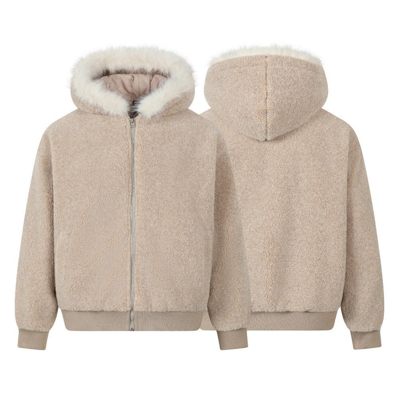 Faux Shearling Hooded Bomber Jacket with Fur Trim