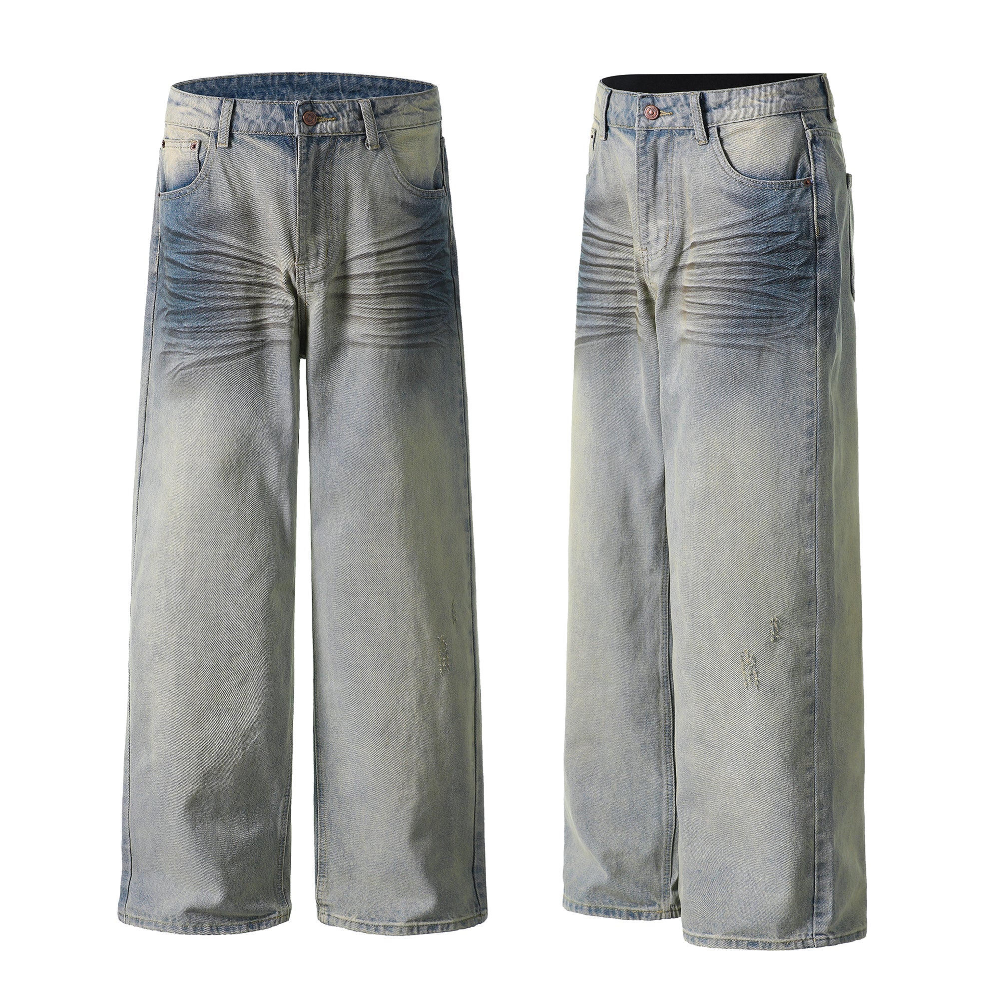 Front and side view of light fade whisker wide-leg denim pants with vintage wash detailing and relaxed silhouette