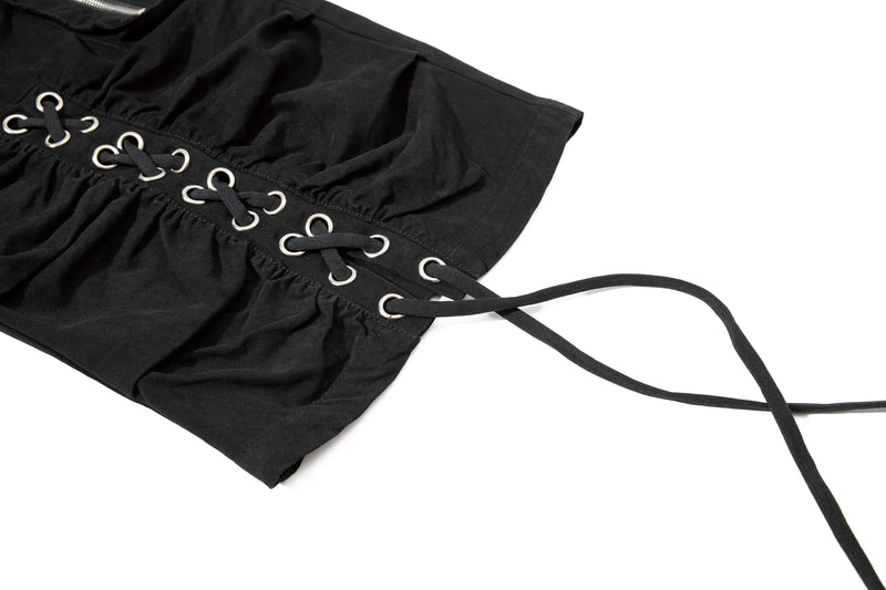 Black shorts lace-up side panel with long drawstring, close-up