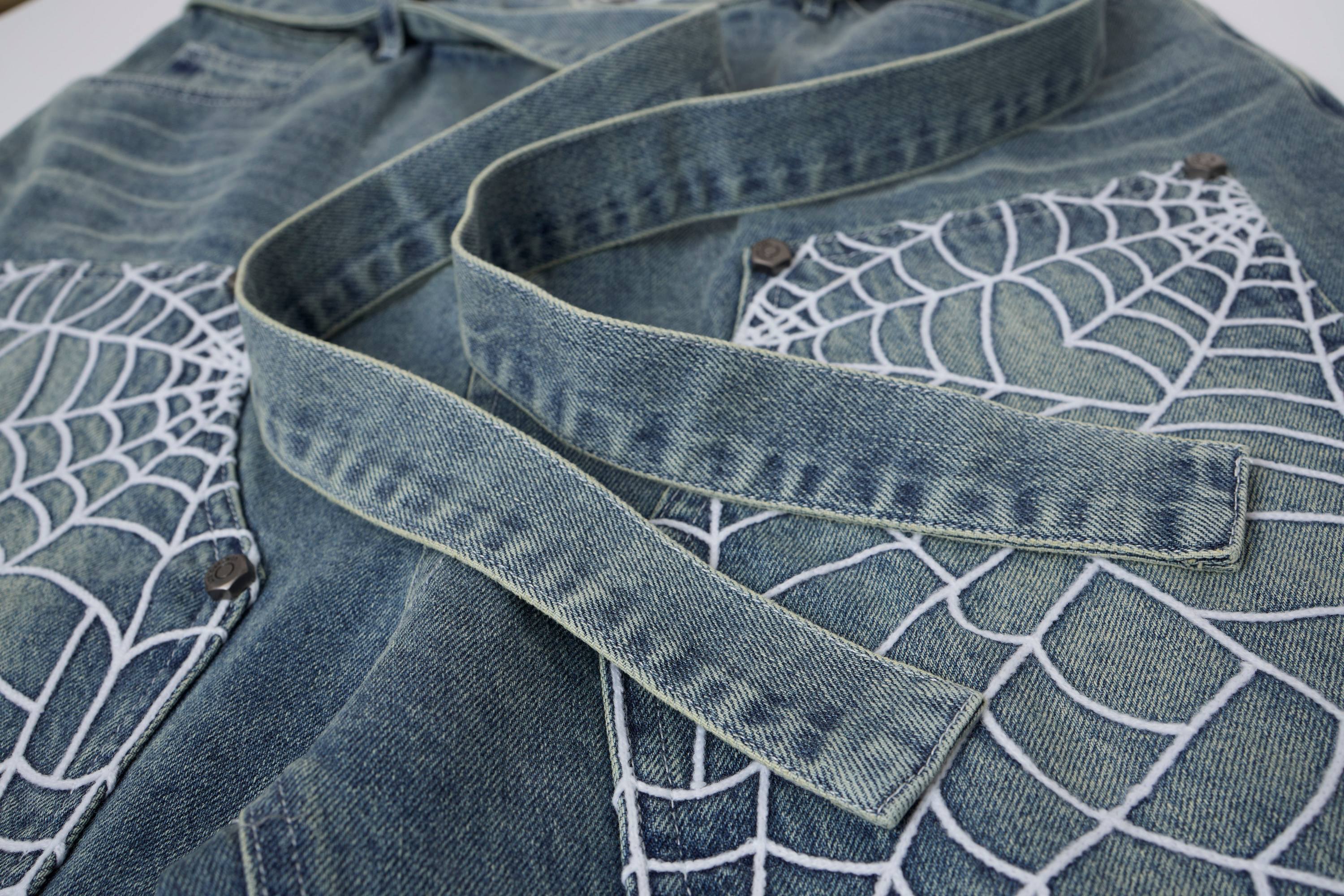 Spiderweb Panel Strap Denim Shorts | Washed Black Streetwear
