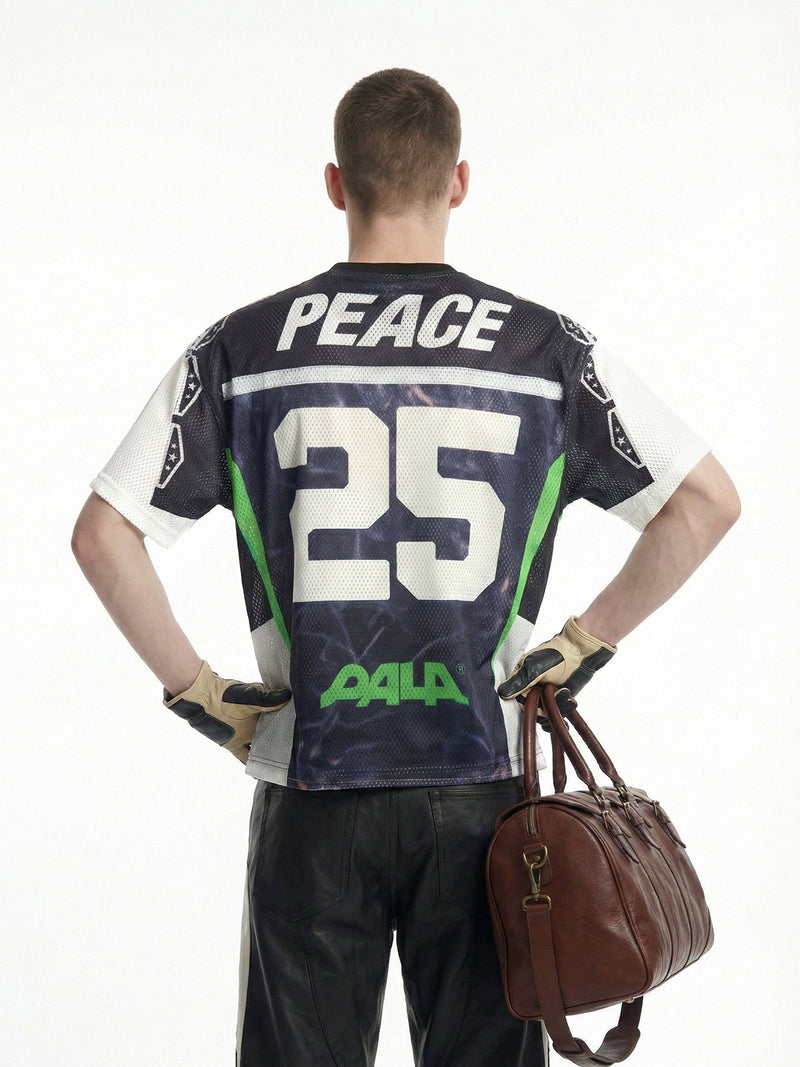 Back view of a man wearing a black mesh jersey with PEACE and 25 graphic, holding a brown leather duffel bag