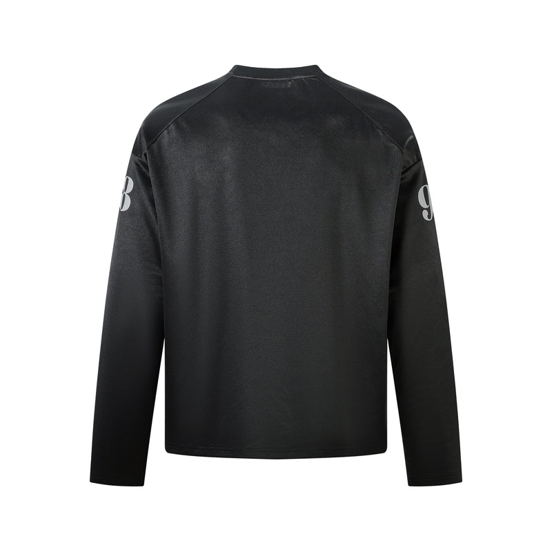 Back view of black long sleeve jersey tee with number 8 on sleeves