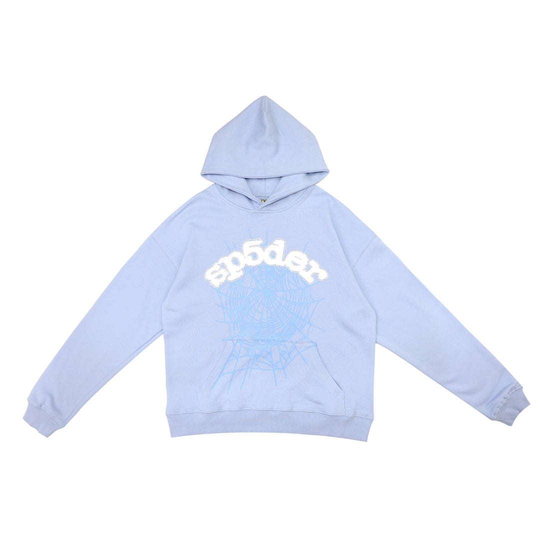 Elegant Light Blue Sp5der Hoodie - Trendy Web Print Hooded Sweatshirt - Seakoff
