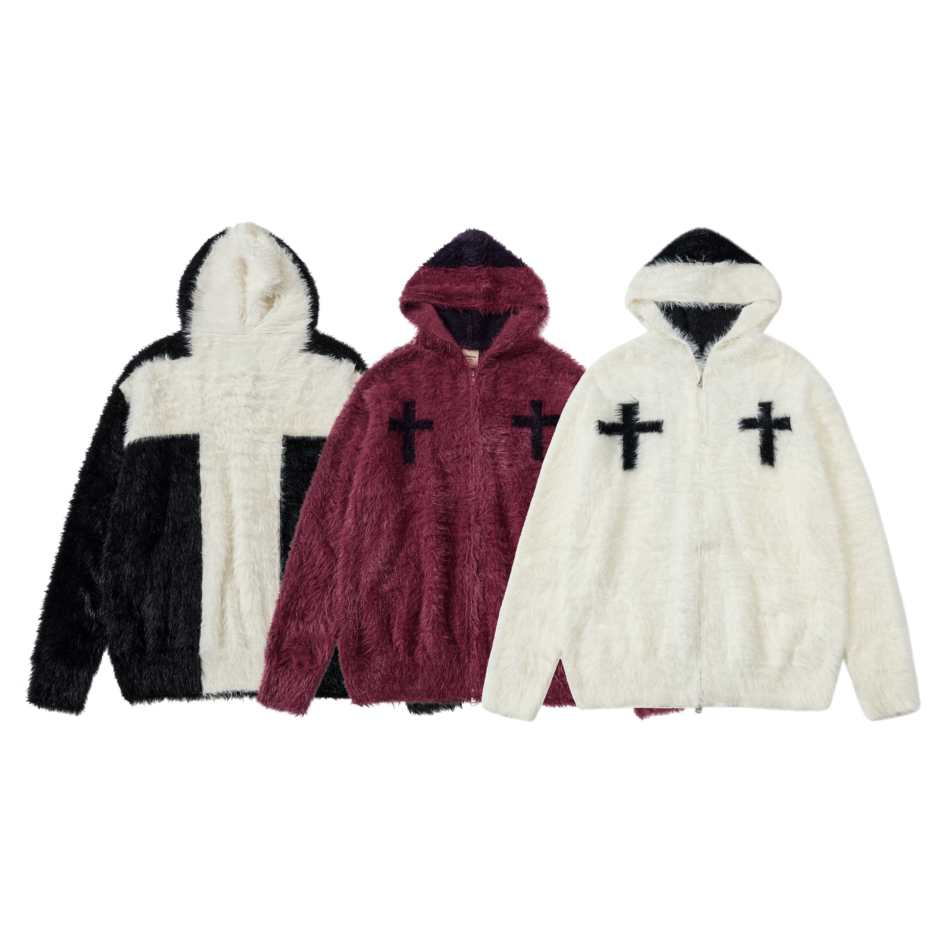 Omirad Cross Fleece Zip Hoodie in black with cream cross motif and contrast-lined hood, front view
