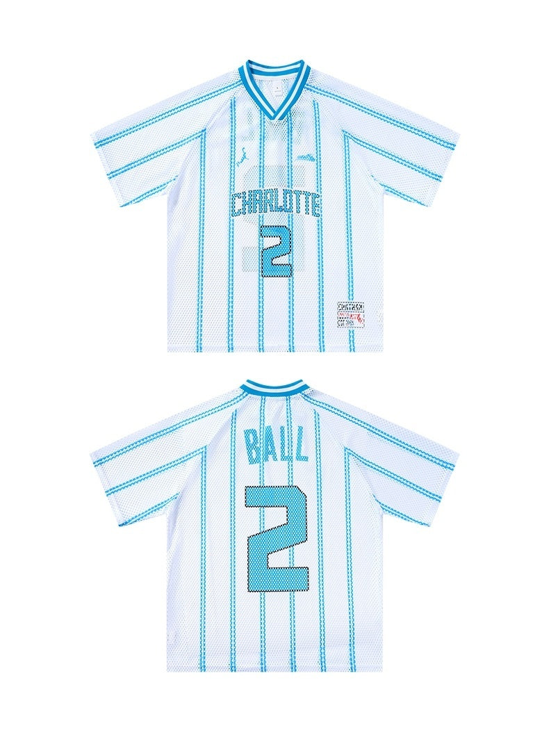 White mesh Charlotte Ball #2 jersey T-shirt with turquoise pinstripes and front and back streetwear design