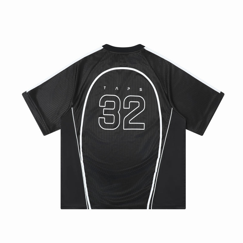 Black soccer jersey tee with white trim and large 32 graphic on the back, streetwear sports shirt design