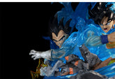 A 46cm Goku figure by Seakoff, part of the "Goku Transformations Collectible" series from Dragon Ball Super, features interchangeable heads and glowing effects. It depicts Goku with black hair in combat attire amidst blue energy and rocky debris; another character is partially visible behind him.