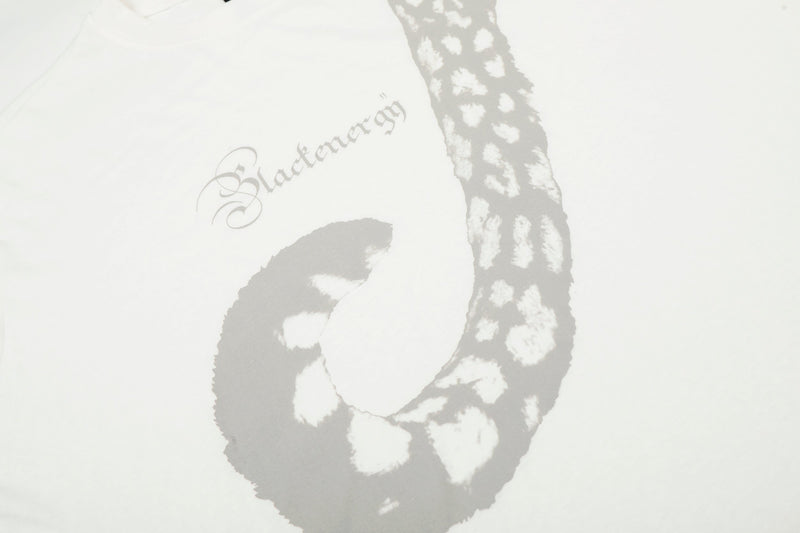 Close-up of white tee front print showing Blackenergy text and patterned graphic