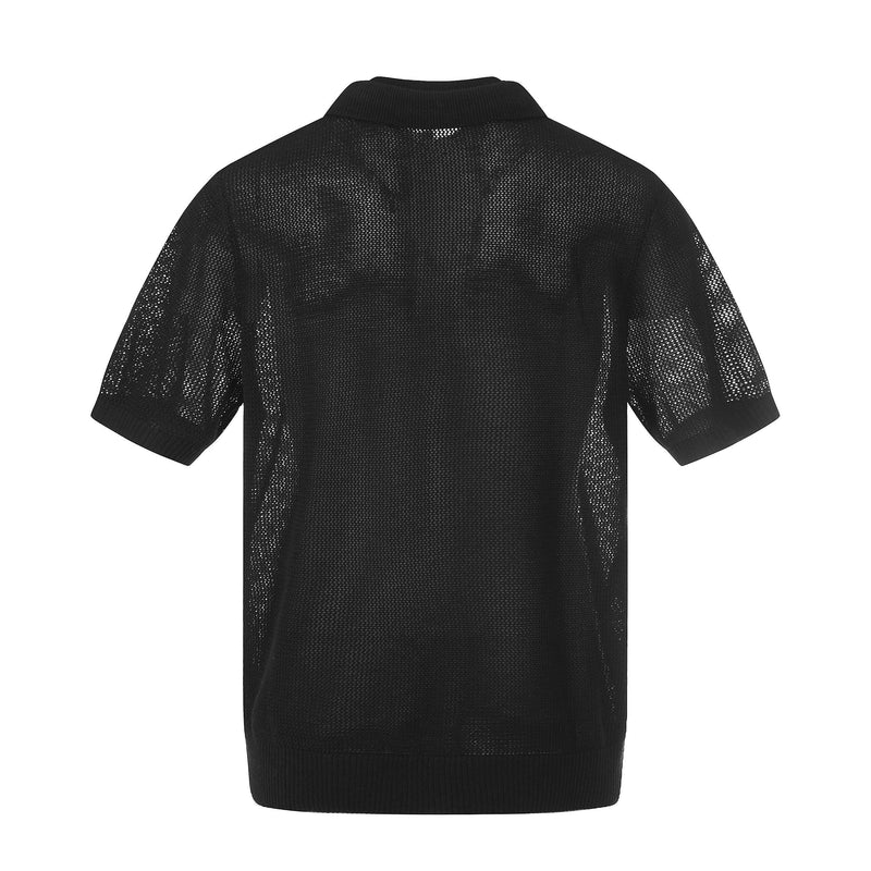 Black open knit short-sleeve polo shirt with breathable mesh texture and ribbed collar, shown on a white background