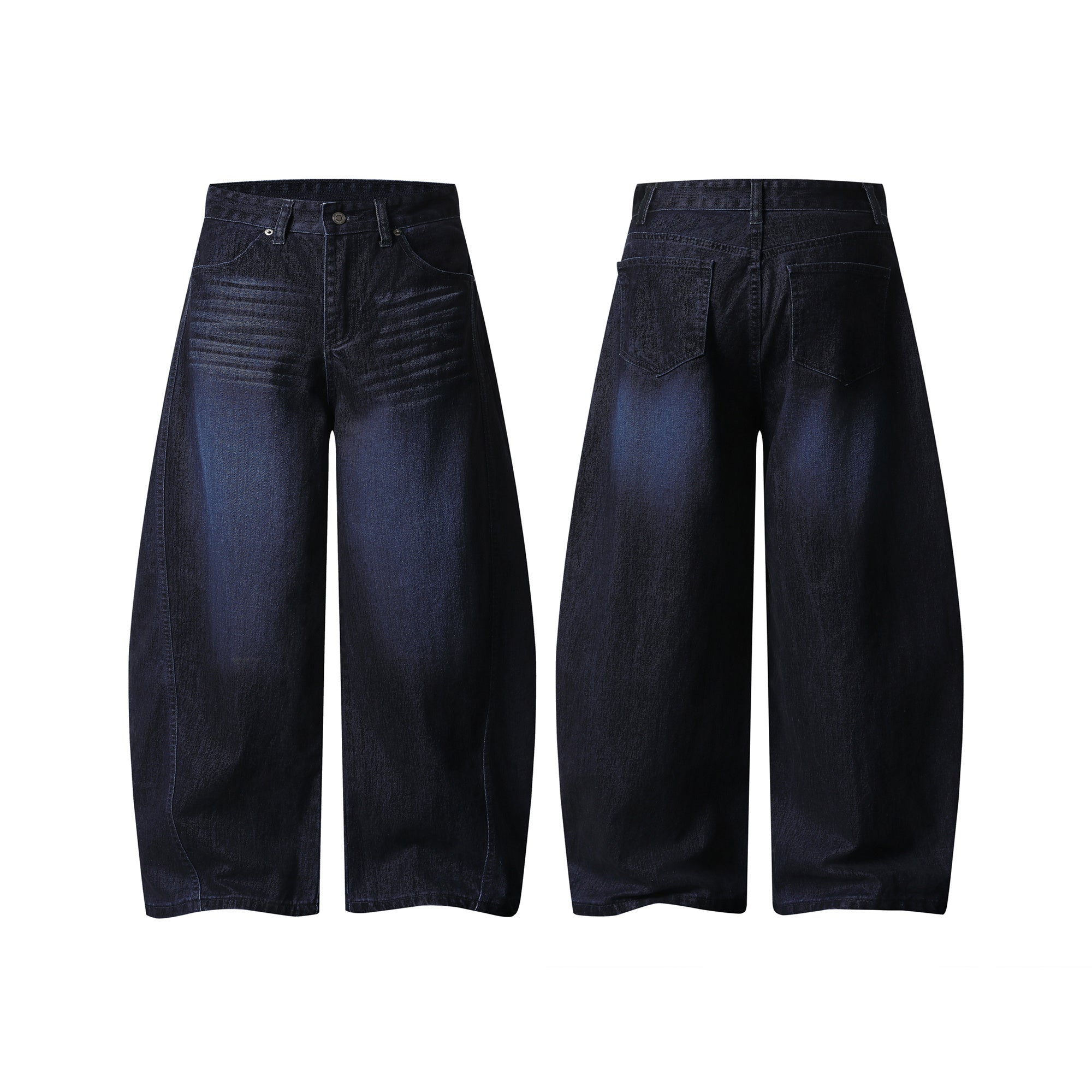 Front and back view of dark indigo wide-leg denim pants with faded wash and sculpted panel seams on white background