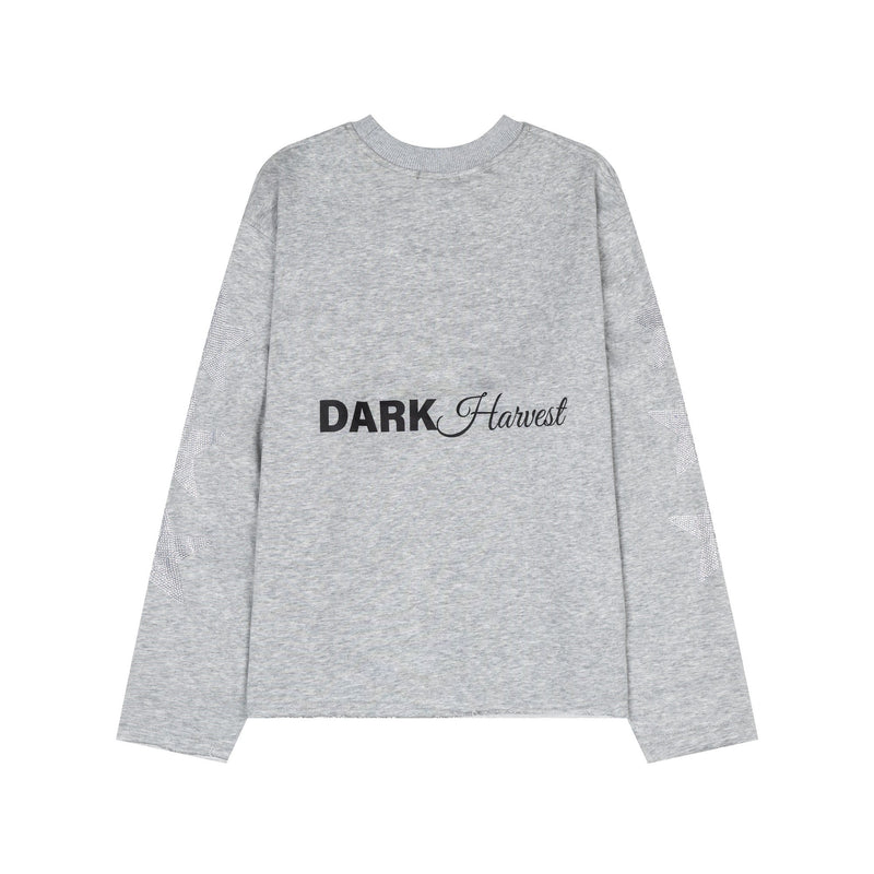 Heather gray long sleeve tee back view with star rhinestone sleeves and black Dark Harvest print