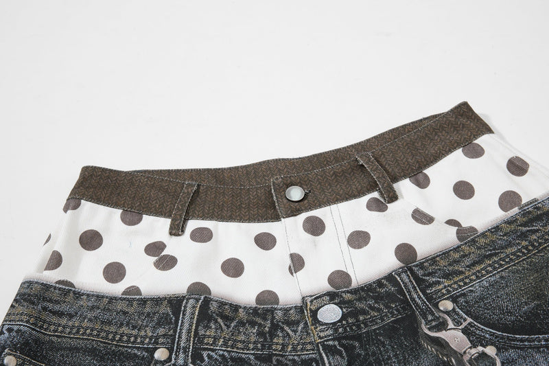 Upper front waistband with polka-dot fabric, snap button, and belt loops