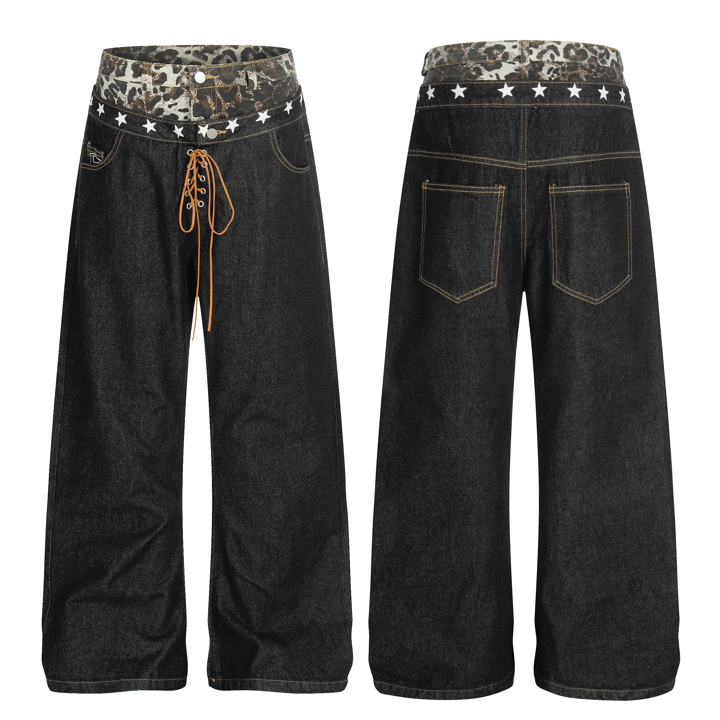 Front and back view of black wide-leg jeans with leopard print double waistband, white star studs, and brown lace-up front cl