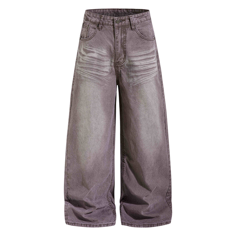 Brown wide-leg faded denim pants, front view