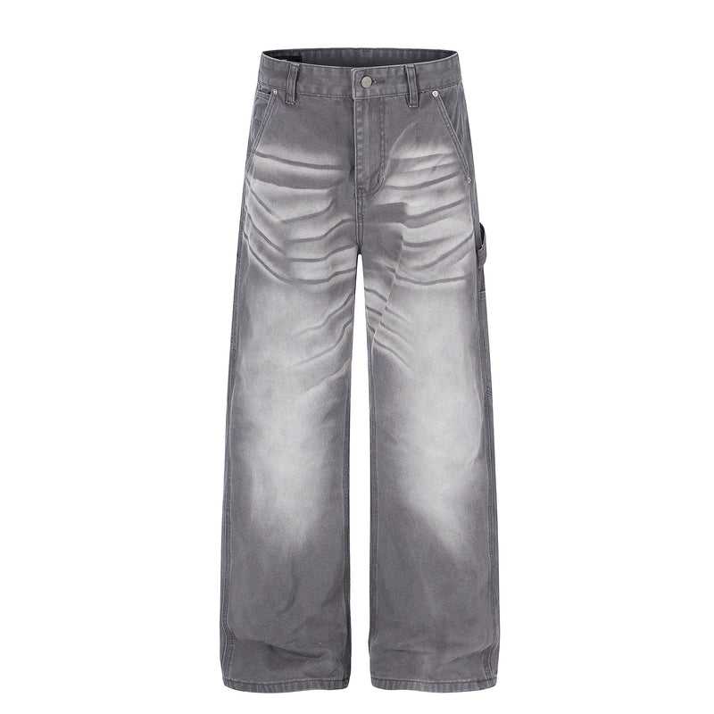 Front view of gray wide-leg denim jeans with washed wrinkle effect and five-pocket styling