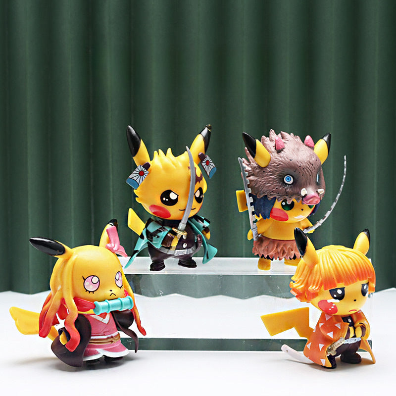 The Demon Slayer Pikachu 4-Piece Set features 9cm figures, each expertly dressed as anime characters with weapons or accessories. Displayed on a clear stand against a dark green striped background, these cosplay Pikachu action figures add a unique twist to any collection.