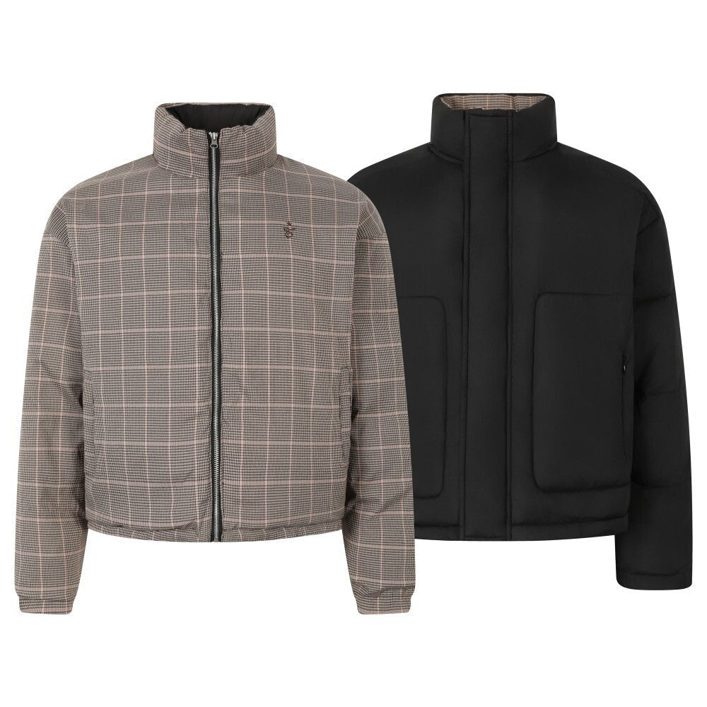 SEAKOFF Omirad reversible puffer jacket shown in glen check and solid black colorways with stand collar and zip closure